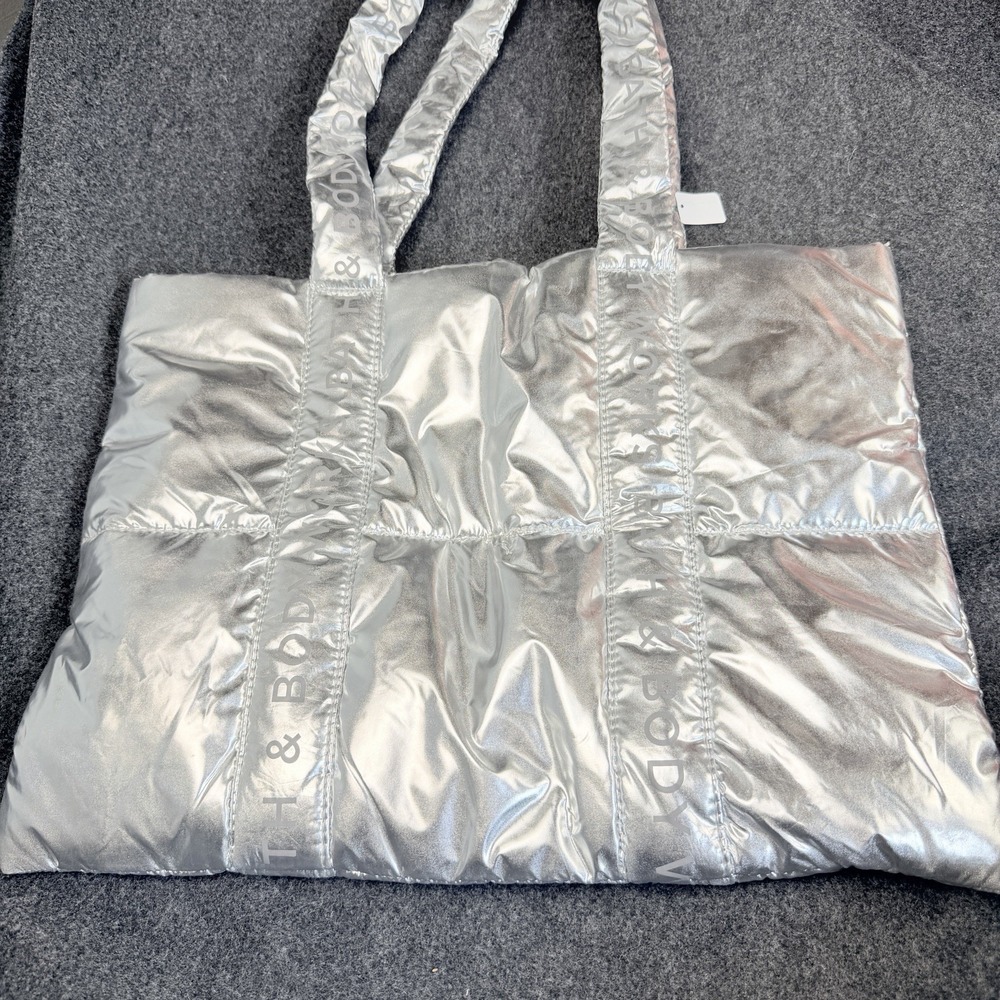 Bath & Body Works Silver Metallic Puffy Tote Bag Large Shopper Shoulder NEW - Picture 2 of 7